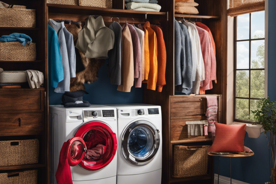 An image that showcases a front-loading washer filled with clothes covered in pet hair