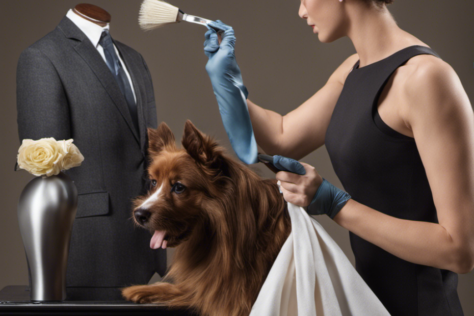 An image showcasing a person vigorously brushing a garment with a rubber glove, capturing pet hair flying off in all directions