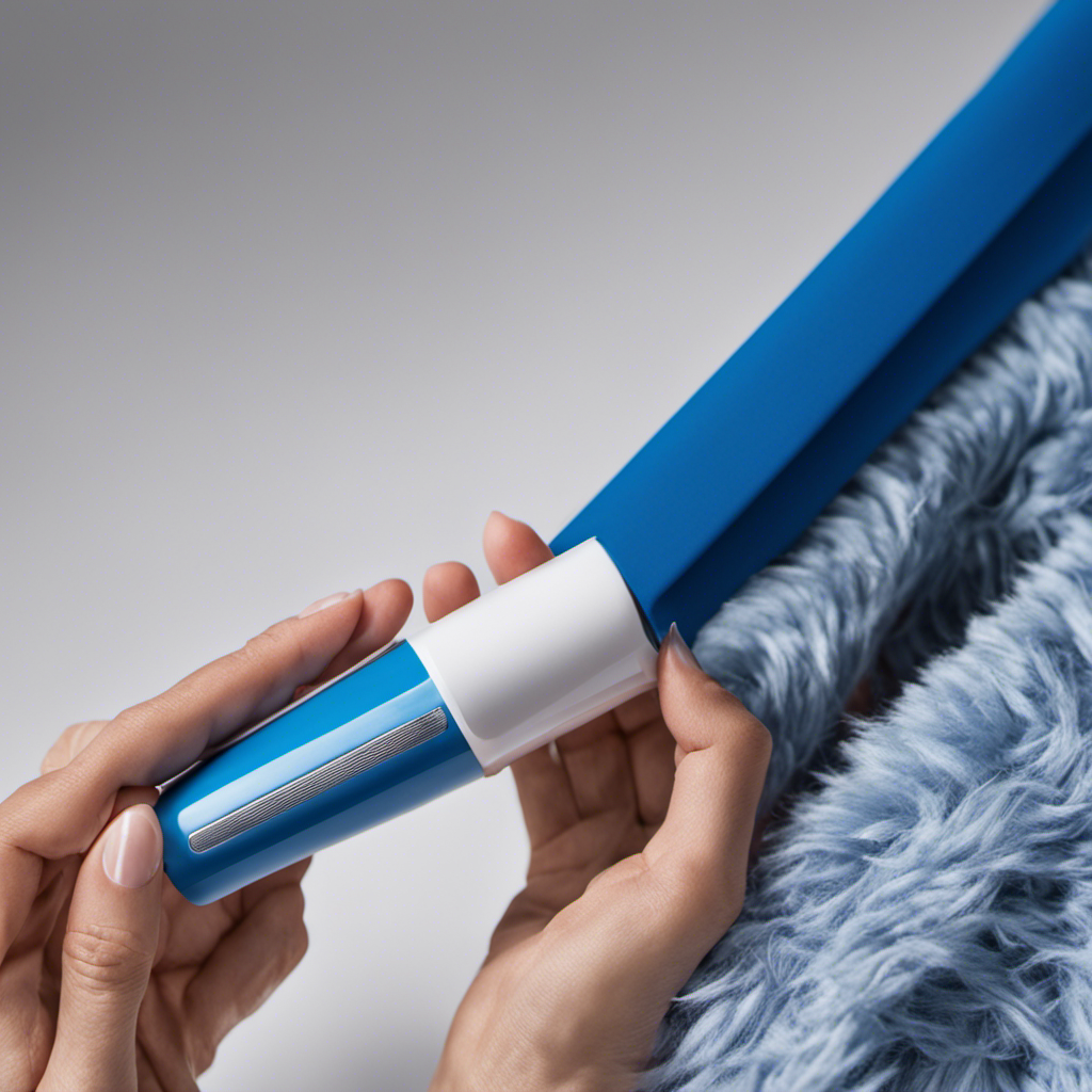 An image showcasing a hand-held lint roller gliding smoothly across a vibrant blue sweater, effortlessly lifting off abundant white pet hairs
