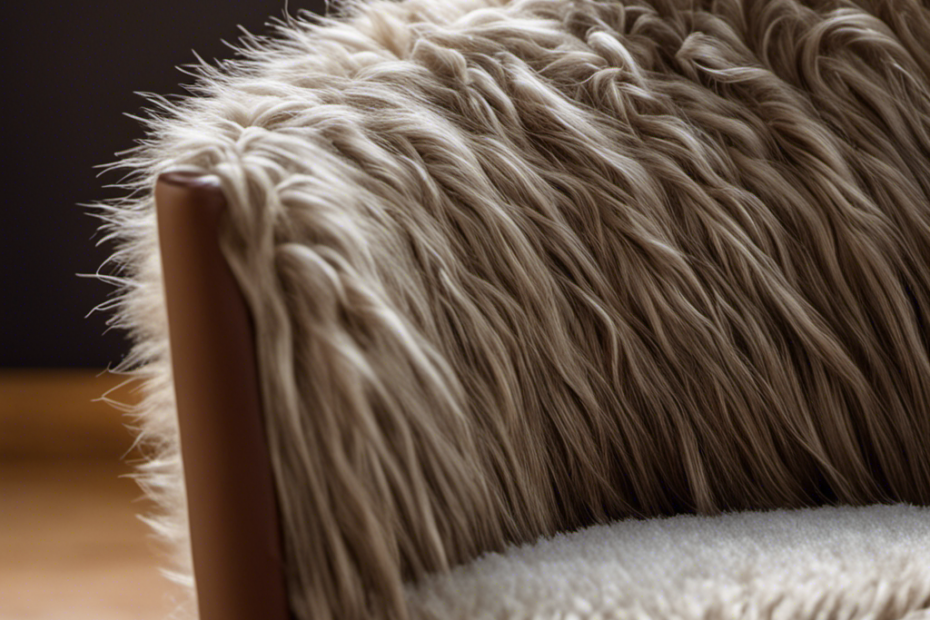 -up image showcasing a fabric chair covered in pet hair, with a handheld vacuum cleaner gently gliding over the surface