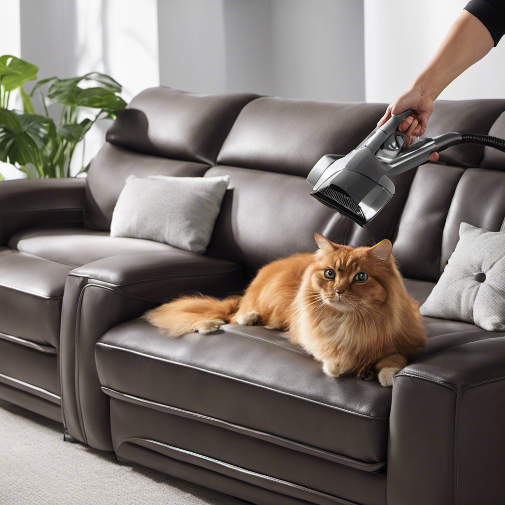 An image showcasing a hand-held vacuum cleaner gliding smoothly over a fabric couch, effortlessly sucking up pet hair