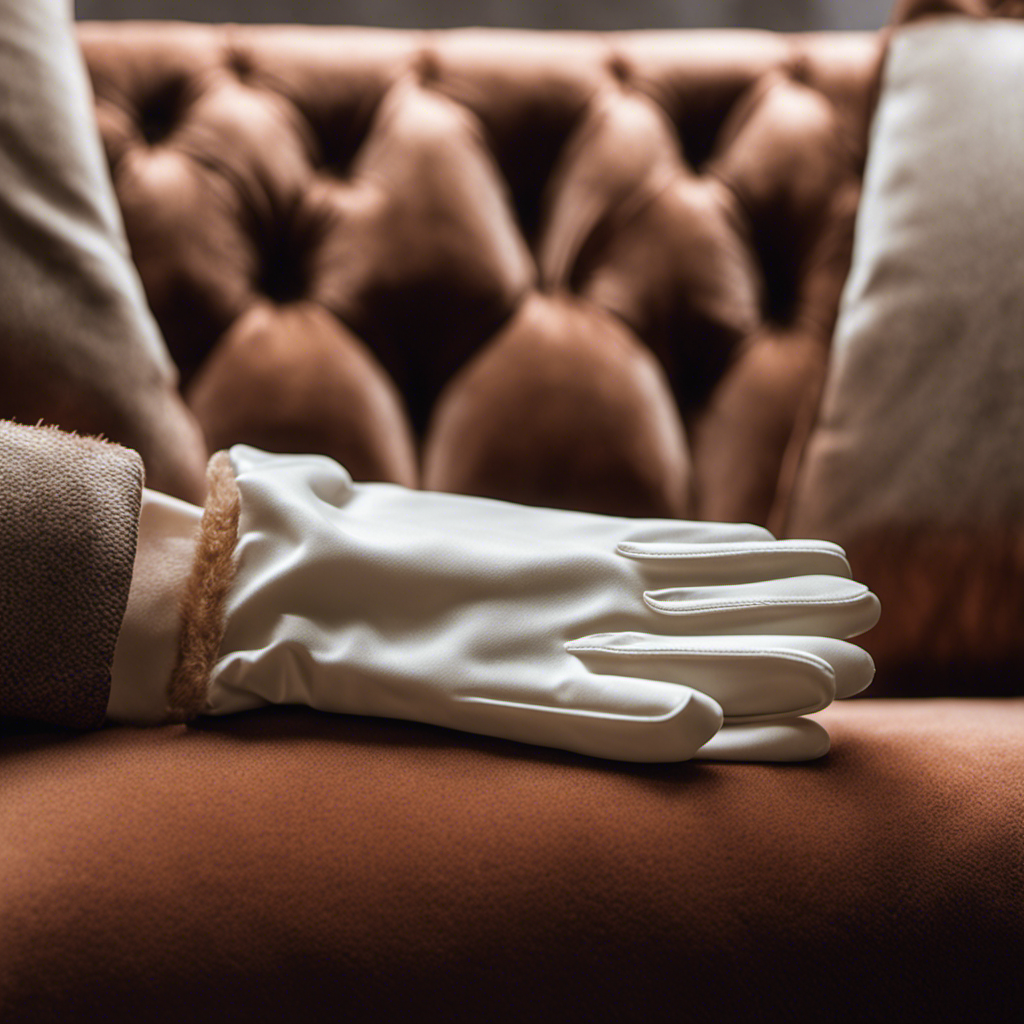 An image capturing a hand wearing a rubber glove, gently gliding over a velvet couch, effectively lifting pet hair