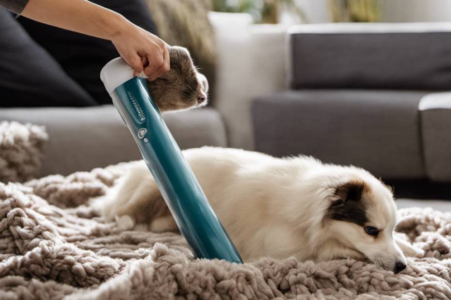 An image capturing a person using a lint roller to meticulously remove stubborn pet hair from a cozy fleece blanket, with each stroke effectively lifting the fur off the fabric, leaving it clean and hair-free