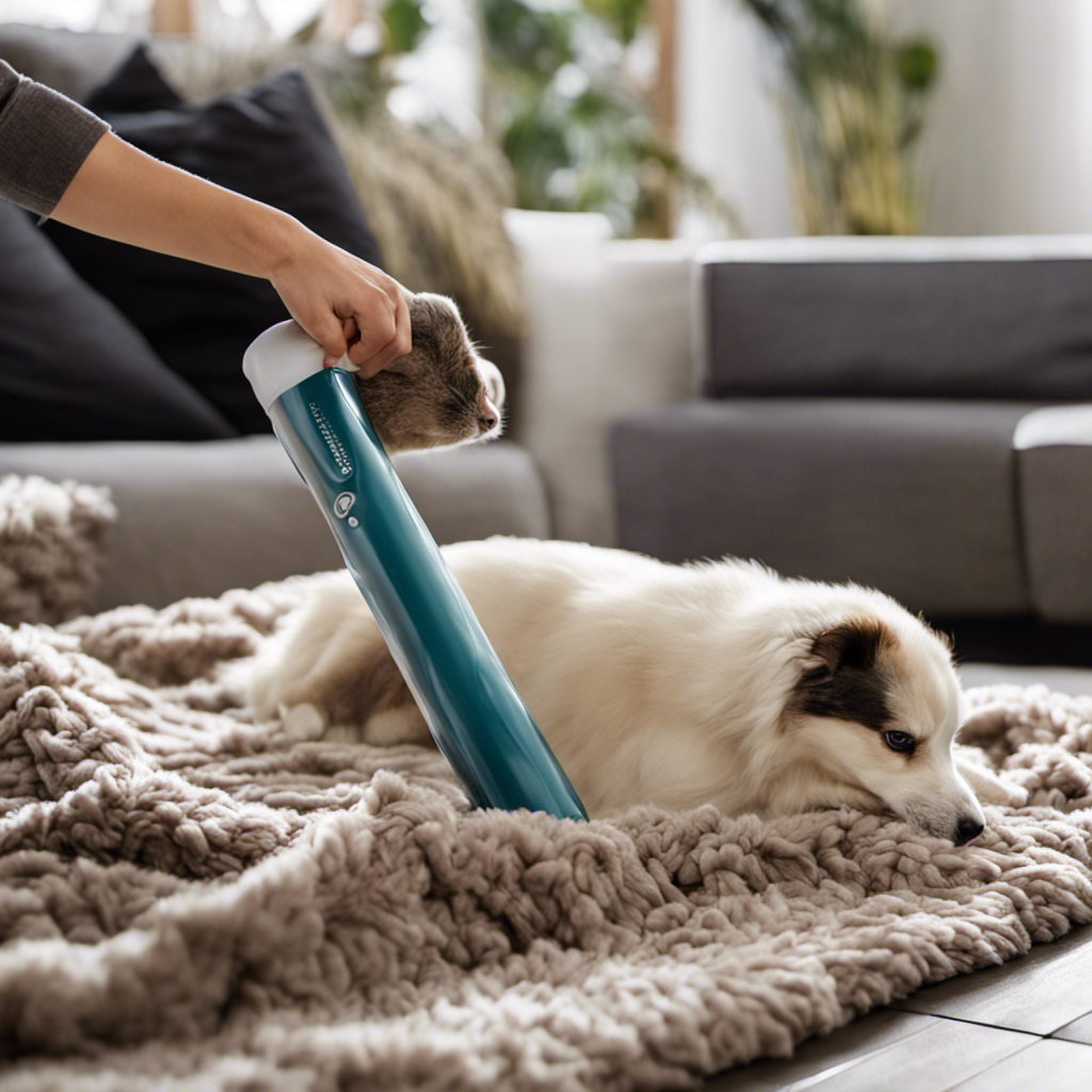 An image capturing a person using a lint roller to meticulously remove stubborn pet hair from a cozy fleece blanket, with each stroke effectively lifting the fur off the fabric, leaving it clean and hair-free