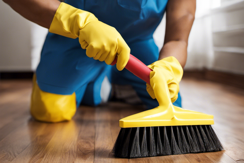 An image of a person wearing rubber gloves, crouched down on a hardwood floor, using a rubber broom with thick bristles to vigorously sweep up pet hair