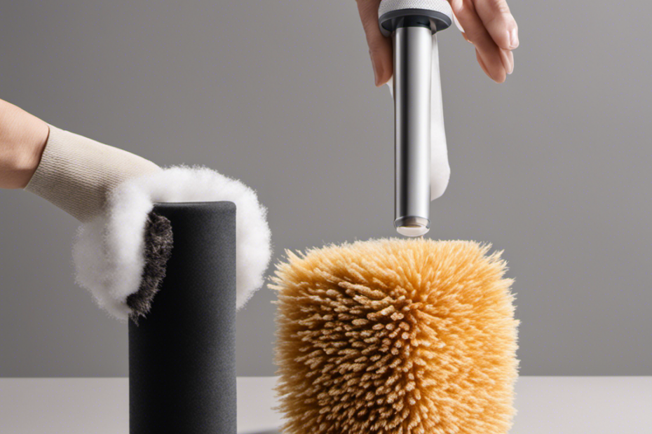 An image showcasing a person wearing rubber gloves, gently running a lint roller over a foam pad covered in pet hair