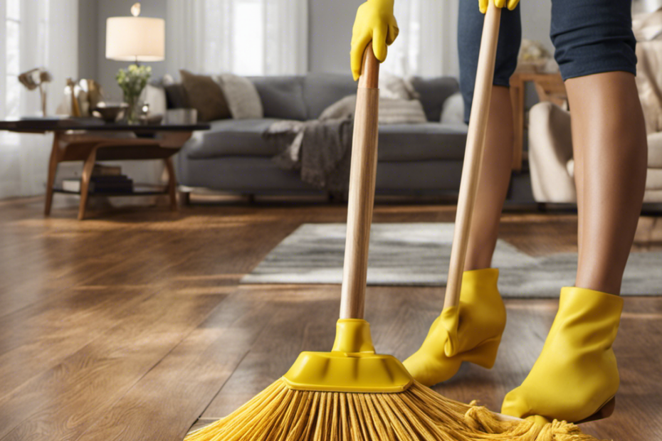 An image showcasing a pair of hands clad in yellow rubber gloves, wielding a rubber-bristled broom, sweeping away trails of pet hair from gleaming hardwood floors