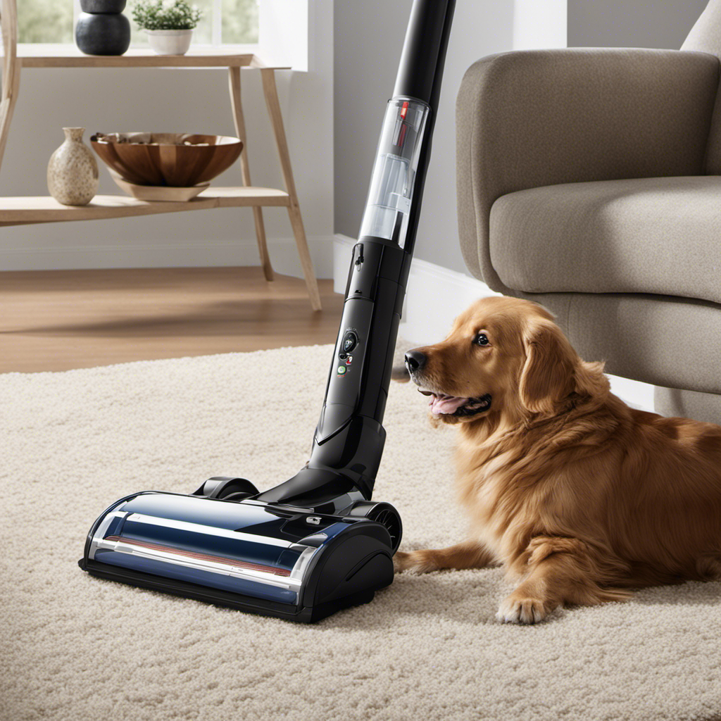 An image that depicts a vacuum cleaner with a high-powered suction nozzle effortlessly collecting pet hair from various surfaces like carpets, sofas, and clothing, showcasing the effective removal of pet hair from every nook and cranny of a house