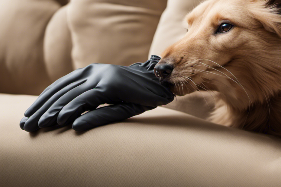 An image showcasing a hand wearing a rubber glove, gently gliding over a beige microfiber couch