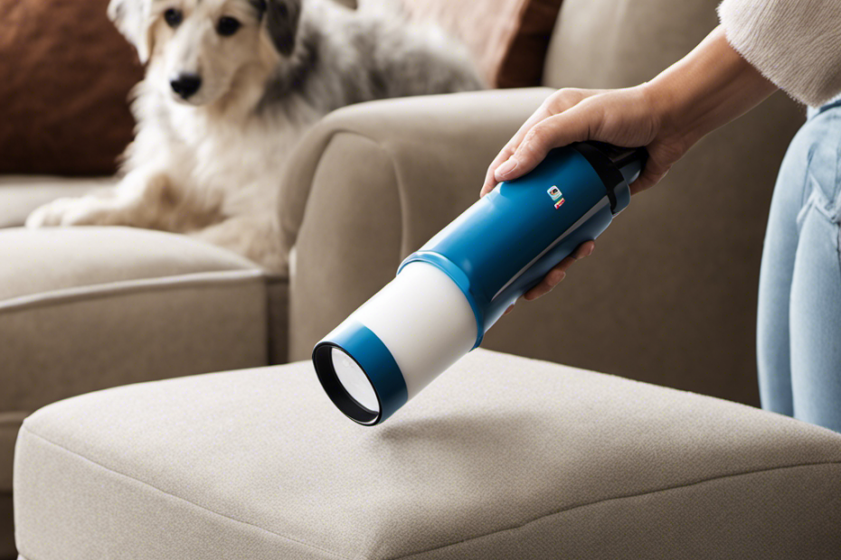 An image showcasing a person using a lint roller to effortlessly remove pet hair from a microfiber couch