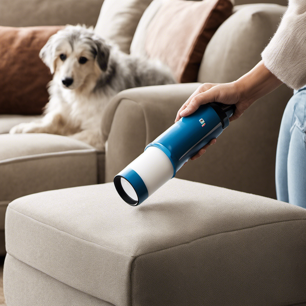 An image showcasing a person using a lint roller to effortlessly remove pet hair from a microfiber couch