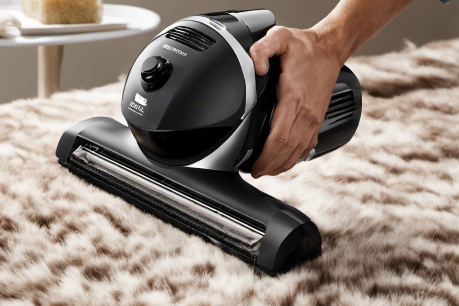 Capture an image of a hand-held vacuum cleaner gliding over microfibre sheets, effortlessly lifting strands of pet hair