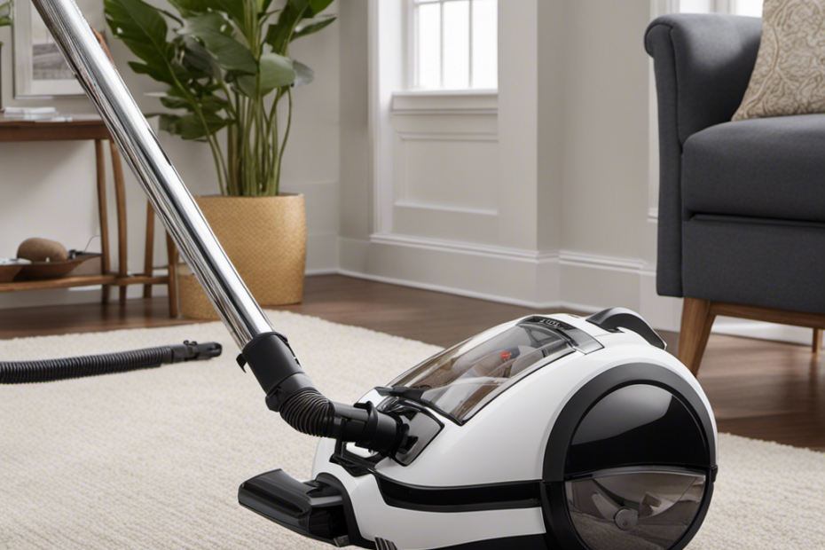 An image showcasing a vacuum cleaner with a specialized pet hair attachment, effortlessly gliding across a plush carpet