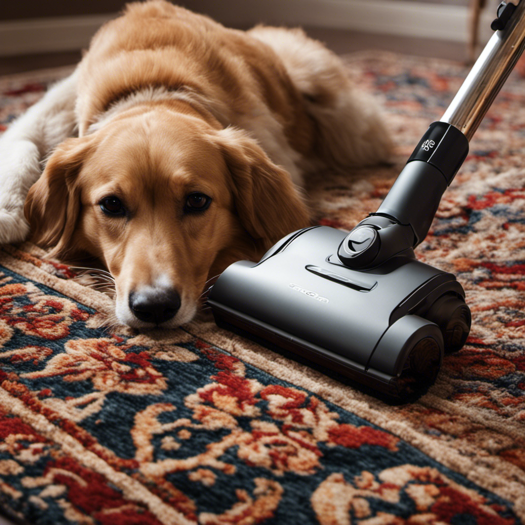 An image showcasing a hand-held vacuum cleaner gliding effortlessly over a plush, patterned rug, capturing every last strand of pet hair