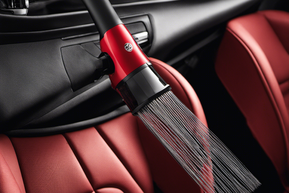 An image depicting a hand-held vacuum cleaner with specialized pet hair attachments, meticulously removing stubborn pet hair from a car seat