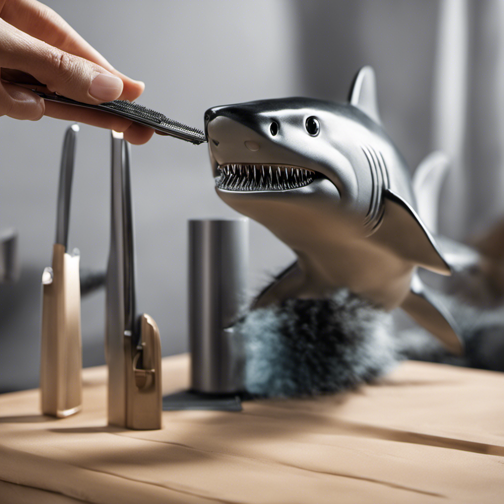 An image showing a person using a pair of tweezers to carefully remove tangled pet hair from the bristles of a Shark vacuum brush