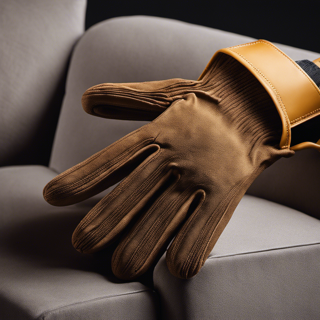 An image that showcases a hand wearing a rubber glove gently gliding over a sofa, capturing the intricate process of removing pet hair