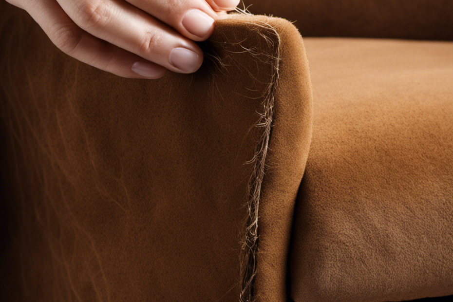 An image showcasing a close-up shot of a suede couch covered in pet hair