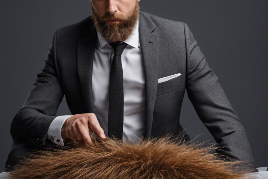 An image showcasing a person wearing a suit covered in pet hair