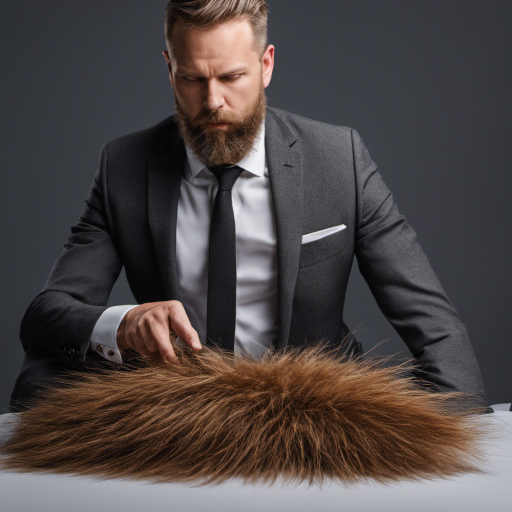 An image showcasing a person wearing a suit covered in pet hair