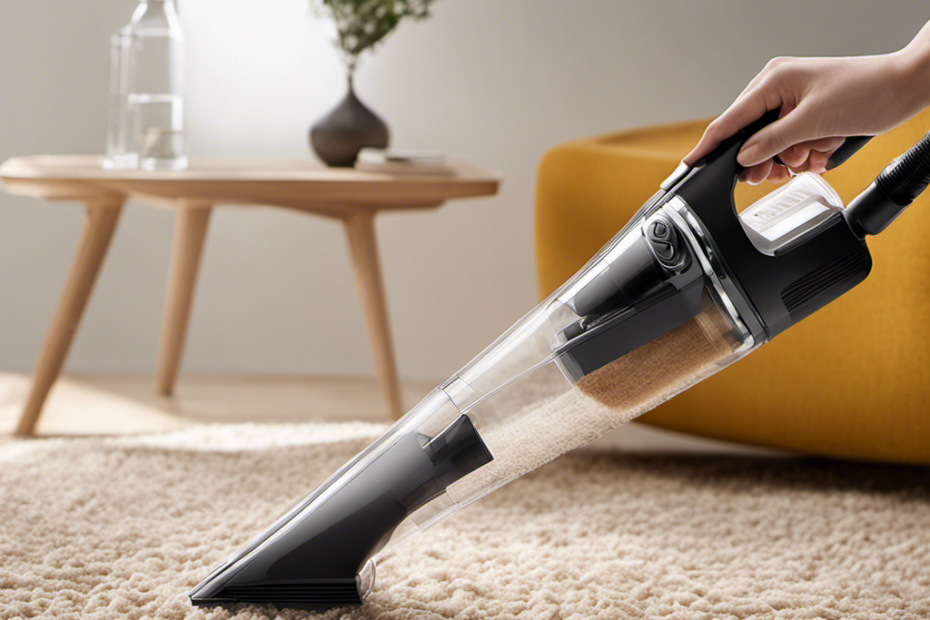 An image showcasing a hand-held vacuum cleaner, equipped with a HEPA filter, effortlessly sucking up floating pet hair particles