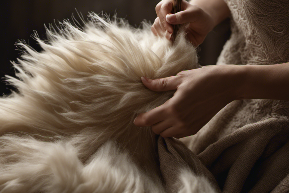 An image showcasing a pair of hands gently brushing a soft, luxurious wool fabric, with pet hair magically lifting off in delicate wisps, revealing a pristine surface beneath