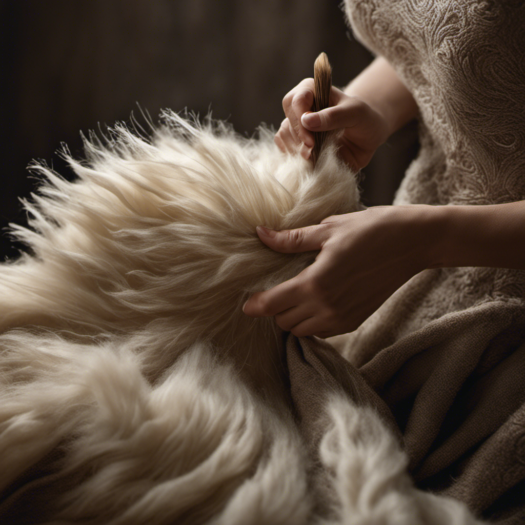 An image showcasing a pair of hands gently brushing a soft, luxurious wool fabric, with pet hair magically lifting off in delicate wisps, revealing a pristine surface beneath
