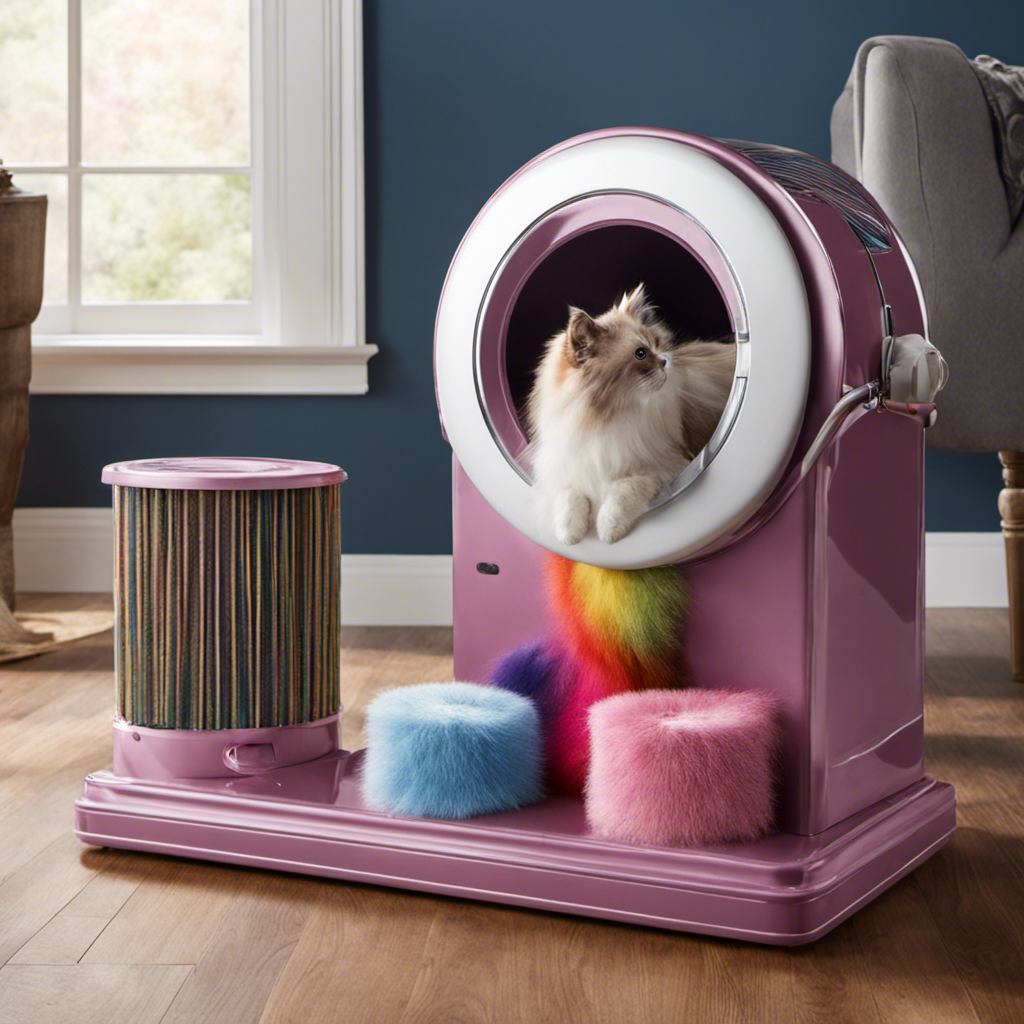 An image showcasing a dryer drum filled with colorful pet hair clinging to the sides, while a hand wearing a lint roller swiftly and effortlessly sweeps away the fur