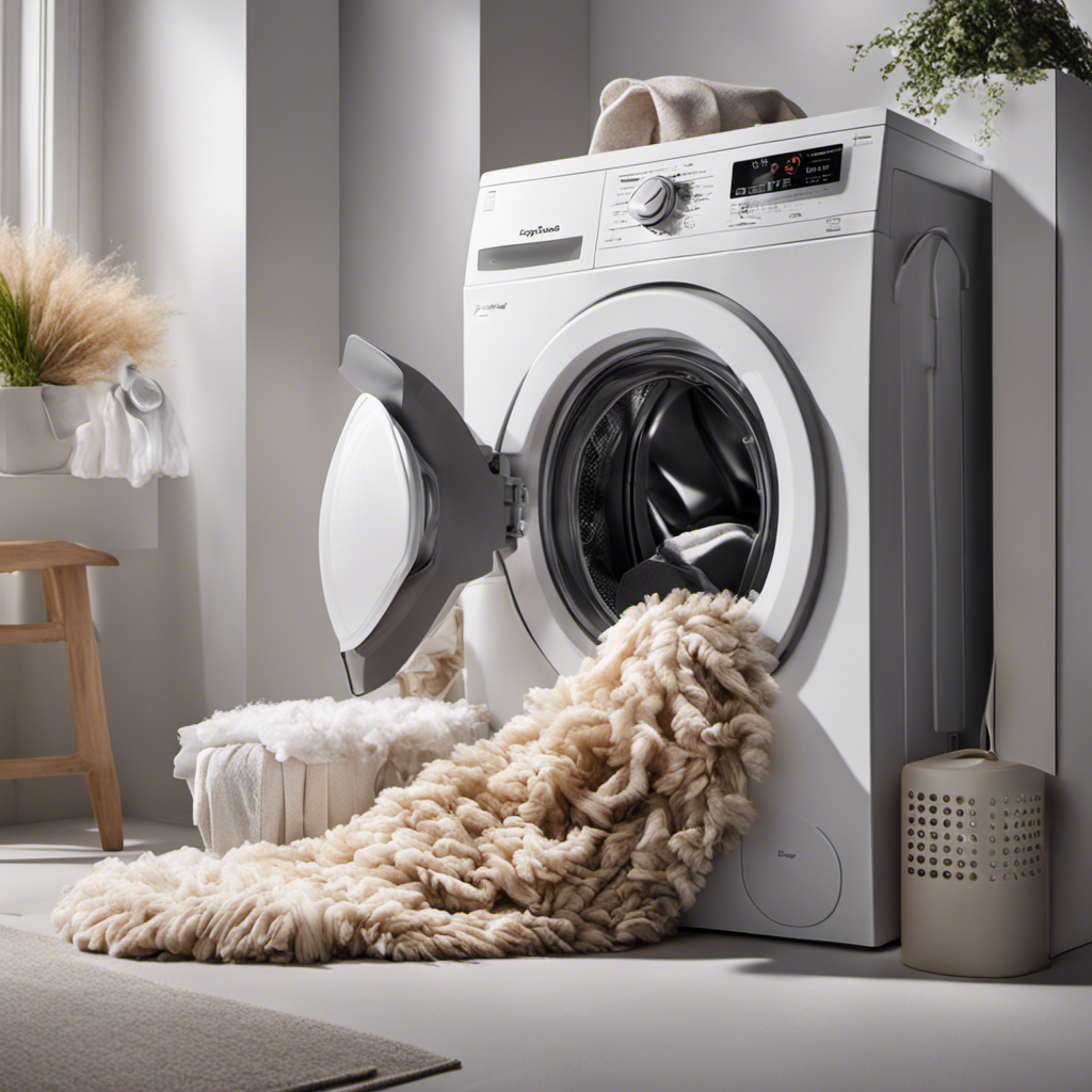 An image showcasing a washing machine with a pile of pet hair-filled clothes inside, a lint roller next to it, and clean, hair-free clothes coming out, illustrating the step-by-step process of removing pet hair in the wash