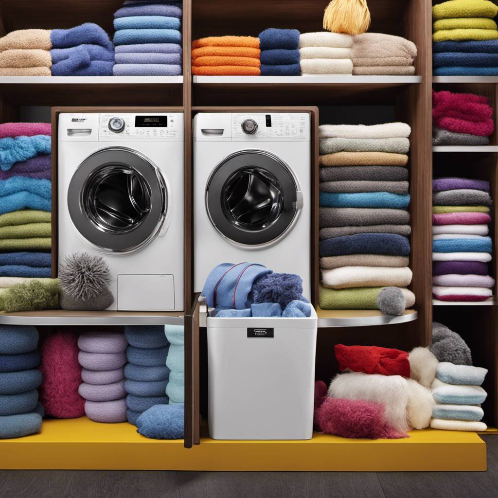 An image showcasing a front-loading washer with a vibrant assortment of pet hair clinging to its interior surface