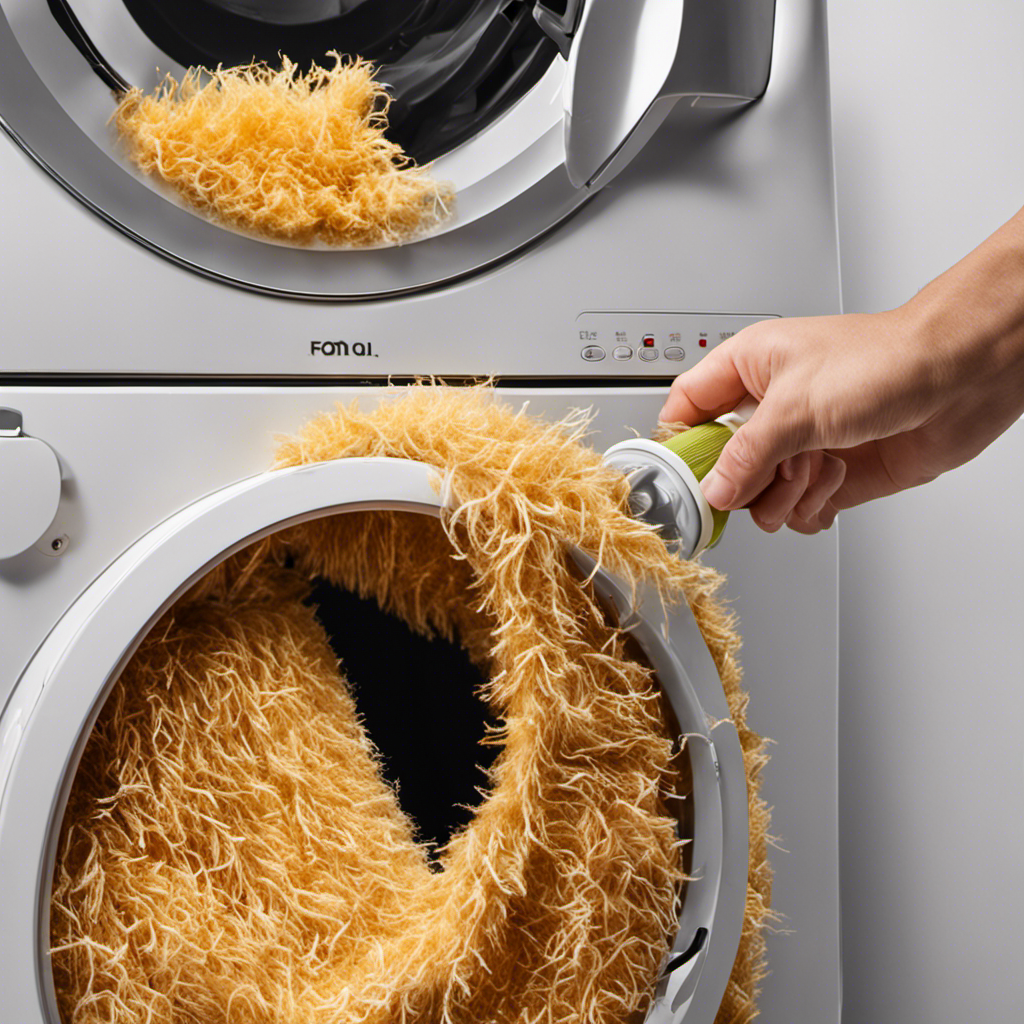An image showcasing a washing machine drum filled with tangled pet hair, being removed effortlessly by a hand covered in a lint roller, highlighting the effective method of removing pet hair from clothes