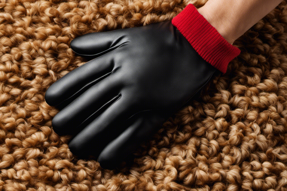 An image of a hand holding a rubber glove covered with pet hair, gently gliding over a carpet