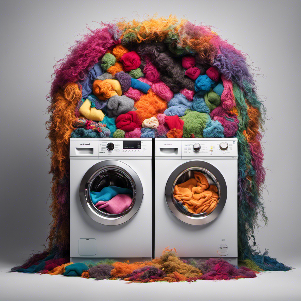 An image showcasing a washing machine filled with freshly washed clothes covered in pet hair