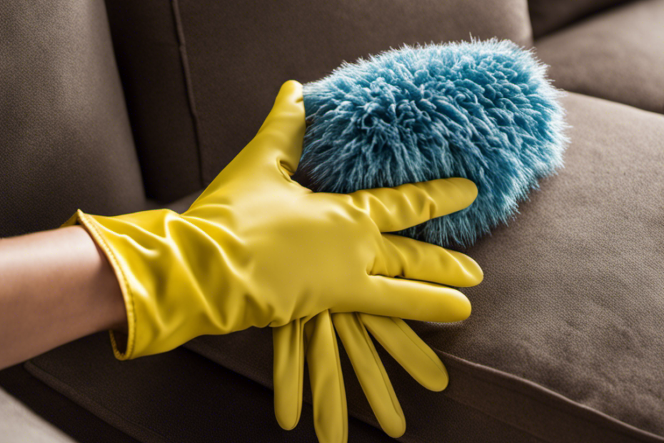 An image capturing a hand wearing a rubber glove, gently swiping the surface of a couch covered in pet hair