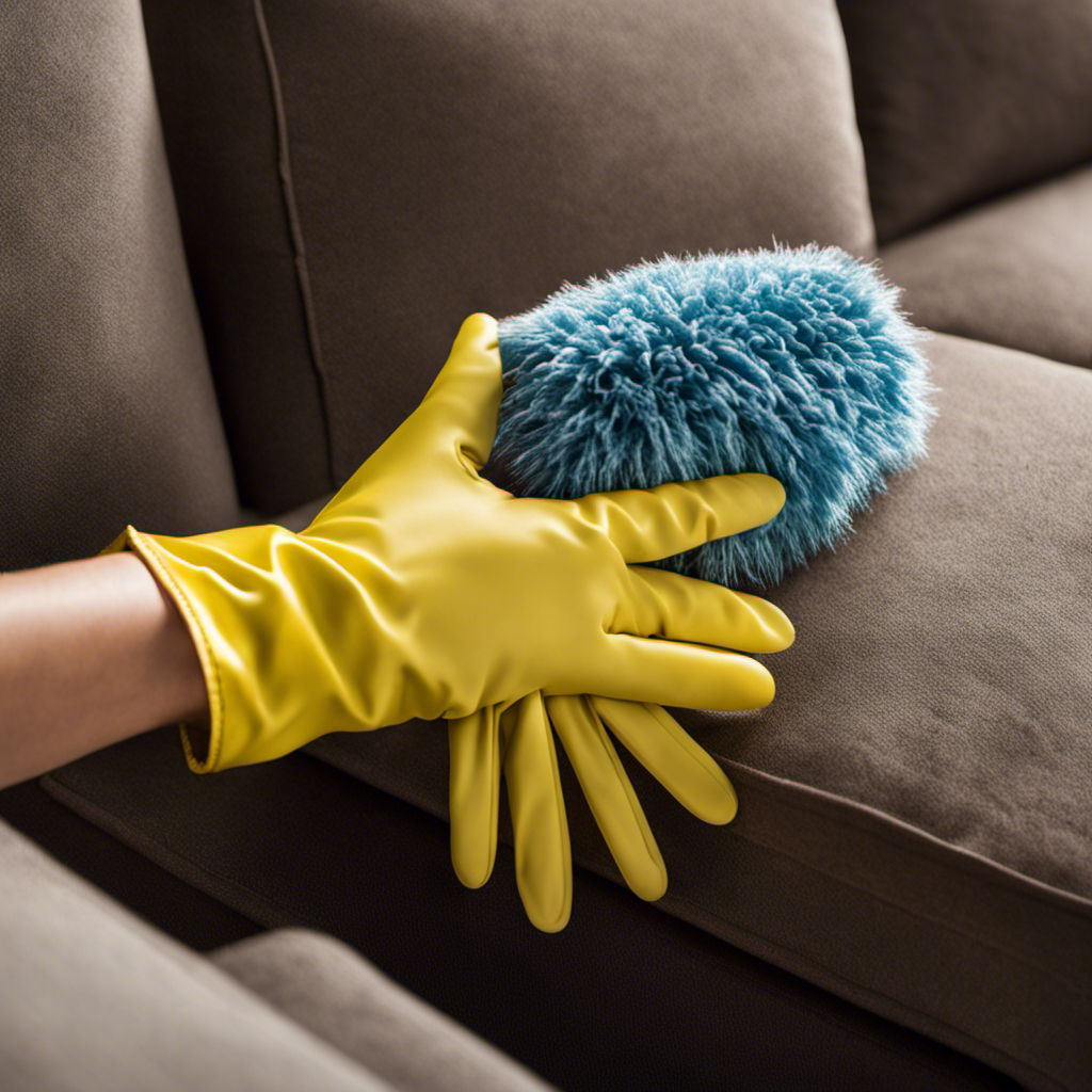 An image capturing a hand wearing a rubber glove, gently swiping the surface of a couch covered in pet hair