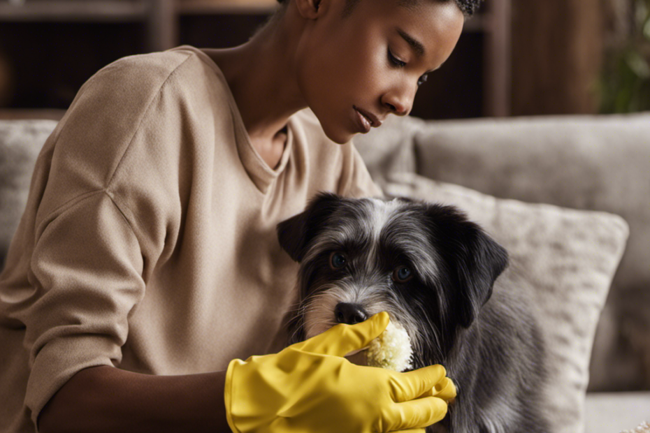 An image featuring a person wearing rubber dishwashing gloves, gently sweeping their hands over a couch
