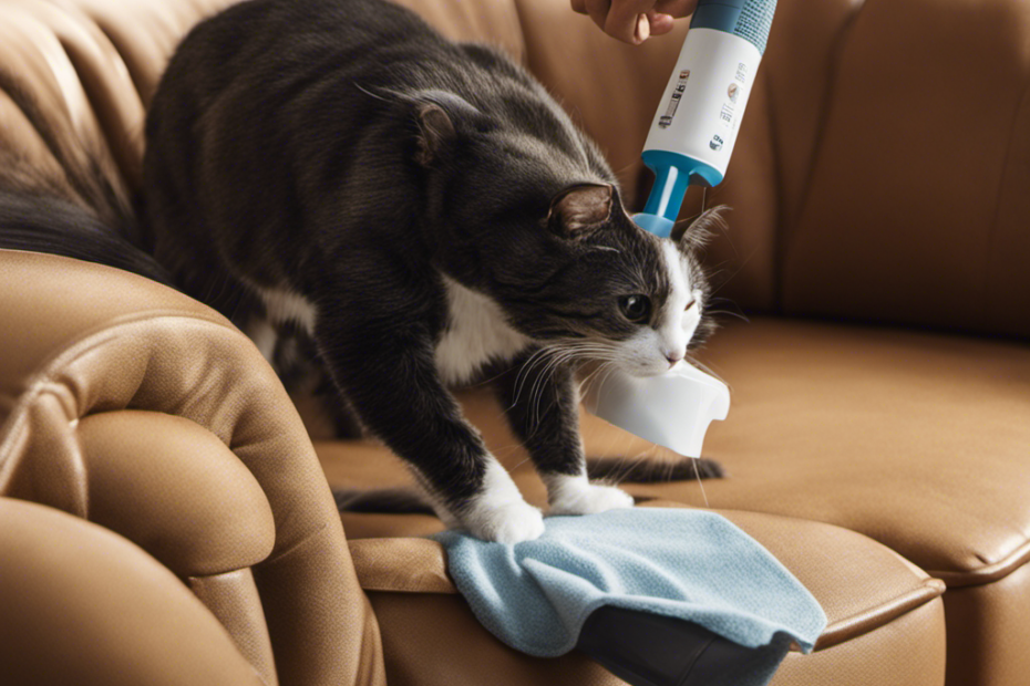 An image of a person wearing rubber gloves, gently sweeping a microfiber couch with a lint roller, capturing an array of pet hair