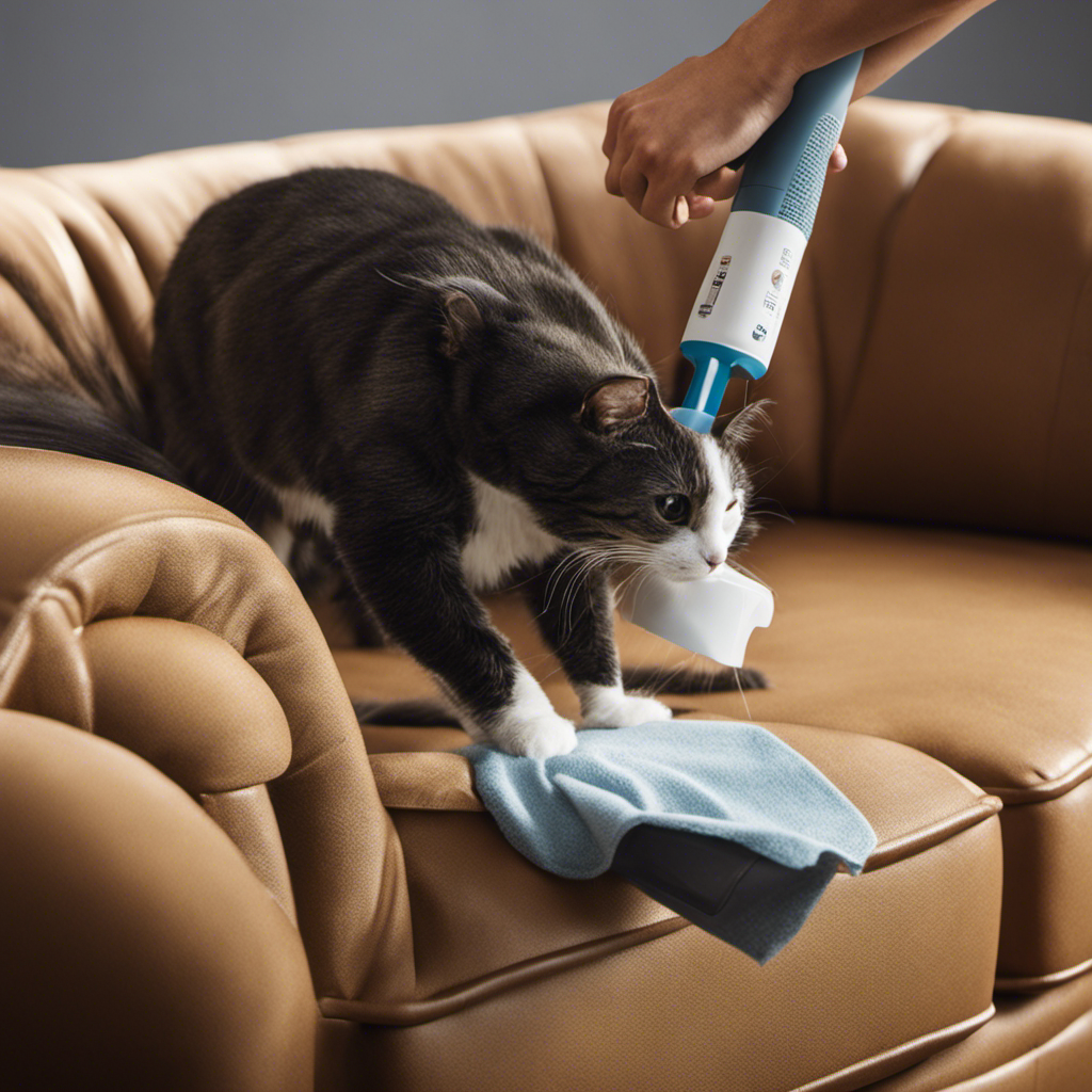 An image of a person wearing rubber gloves, gently sweeping a microfiber couch with a lint roller, capturing an array of pet hair