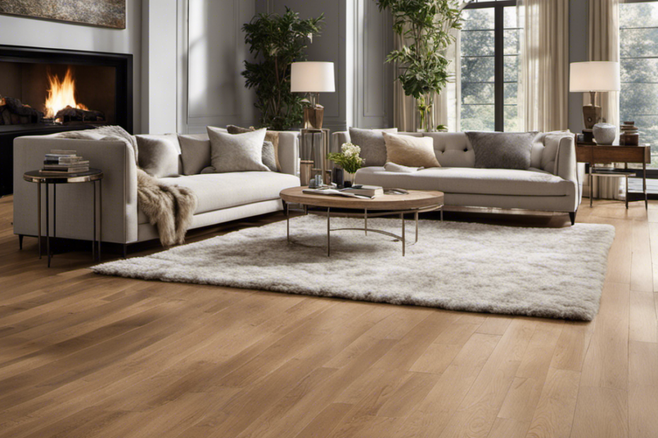 An image capturing a spotless living room, showcasing a gleaming hardwood floor adorned with a meticulously vacuumed rug, devoid of any clinging pet hair