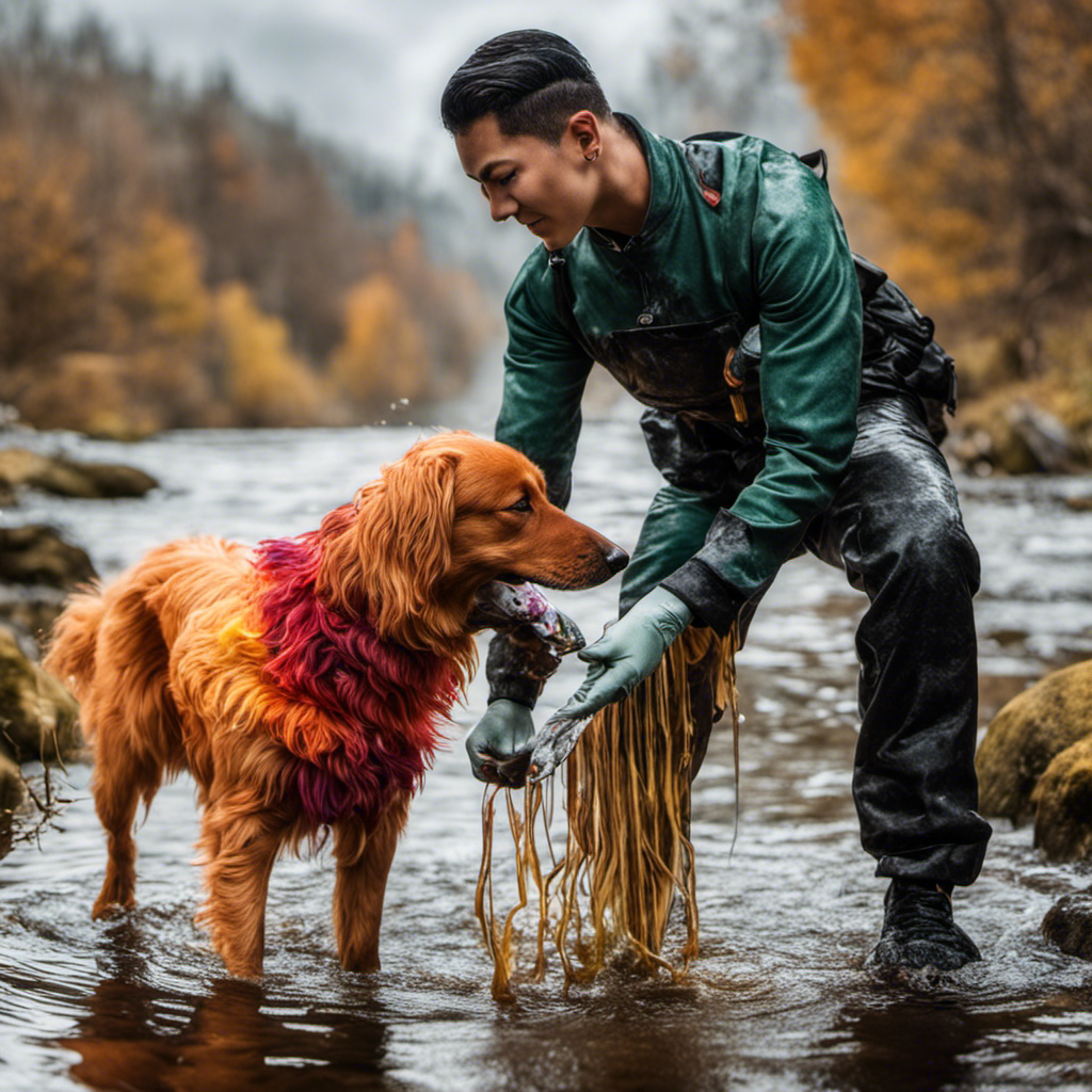 An image capturing the process of rinsing pet hair dye: a pair of gloved hands holding a colorful dog, standing under a cascading stream of water, with vibrant dye unraveling from the fur
