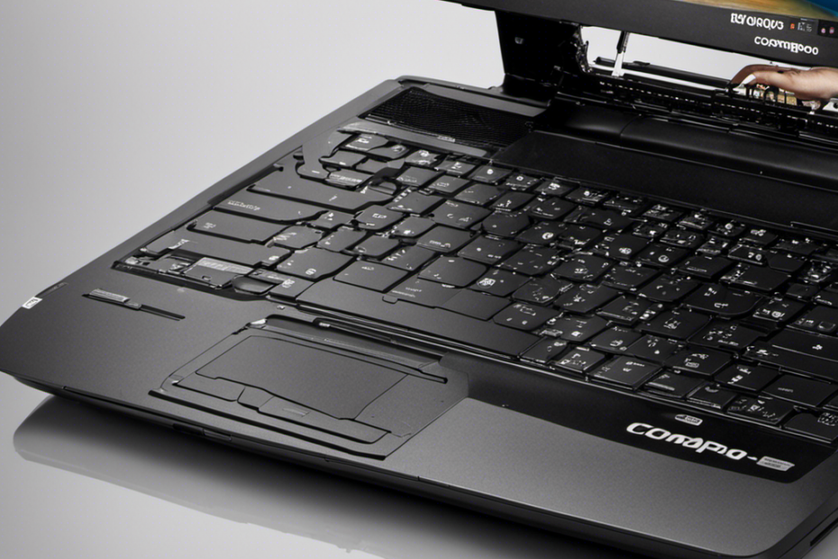 An image showcasing step-by-step instructions to disassemble a Compaq Presario Cq62 laptop, focusing on the process of efficiently spraying dust and pet hair out of its interior