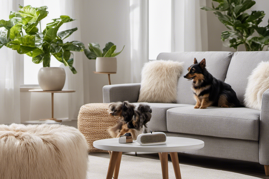 An image featuring a spotless living room with a sleek, pet hair-proof couch cover, a vacuum cleaner, lint roller, and a pet grooming brush neatly arranged nearby, all suggesting effective methods to prevent pet hair from spreading