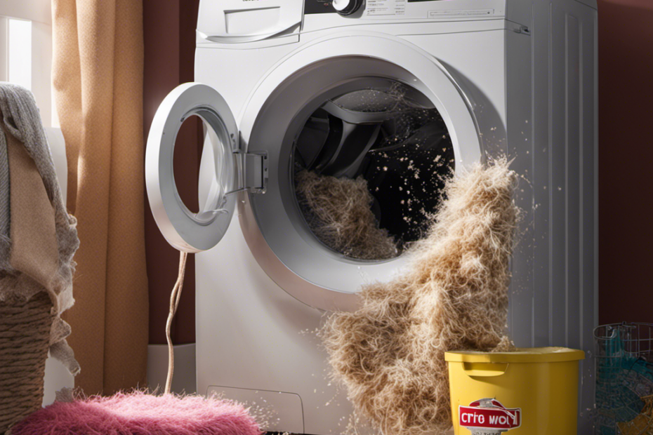 An image showing a washing machine with a tangled mess of pet hair stuck to the inside drum, while a hand reaches in, armed with a lint roller, ready to stop the furry invasion