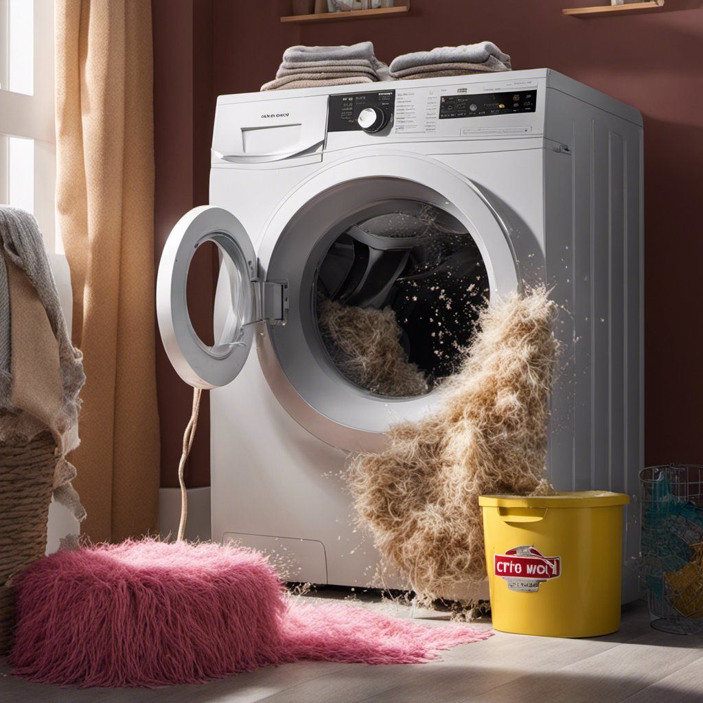 An image showing a washing machine with a tangled mess of pet hair stuck to the inside drum, while a hand reaches in, armed with a lint roller, ready to stop the furry invasion