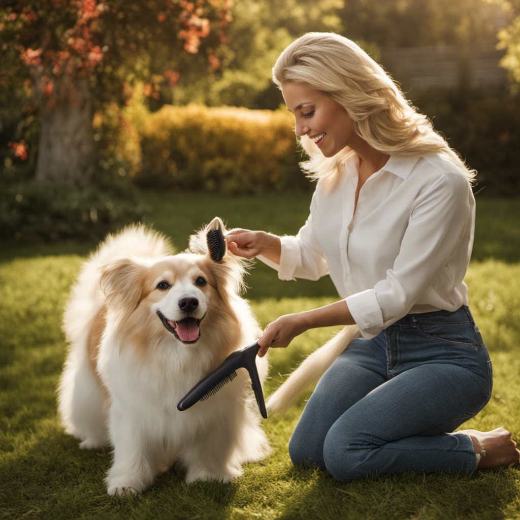 An image showcasing a joyful pet owner using a high-quality pet brush to gently remove loose fur from their contented, well-groomed furry companion, with tufts of fur floating in the air
