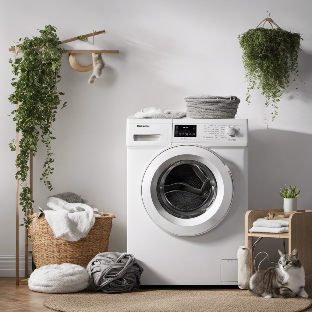 An image showing a washing machine with a tangled mess of pet hair clogging the filter, surrounded by frustrated pet owners