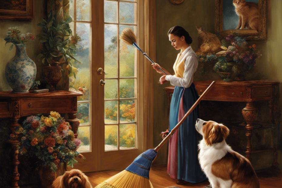 An image showcasing a person holding a broom with soft, bristled brushes, elegantly sweeping an abundance of colorful pet hair off a gleaming hardwood floor, while a contented pet watches nearby