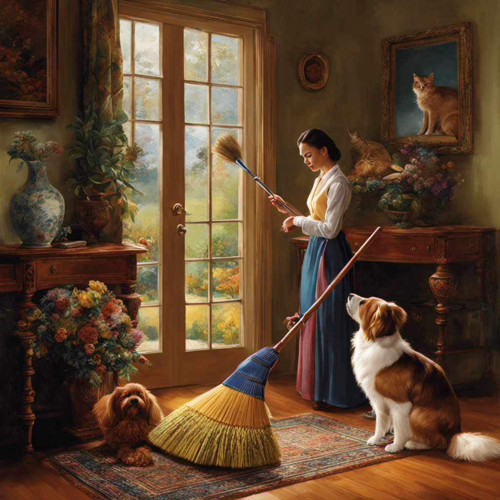 An image showcasing a person holding a broom with soft, bristled brushes, elegantly sweeping an abundance of colorful pet hair off a gleaming hardwood floor, while a contented pet watches nearby