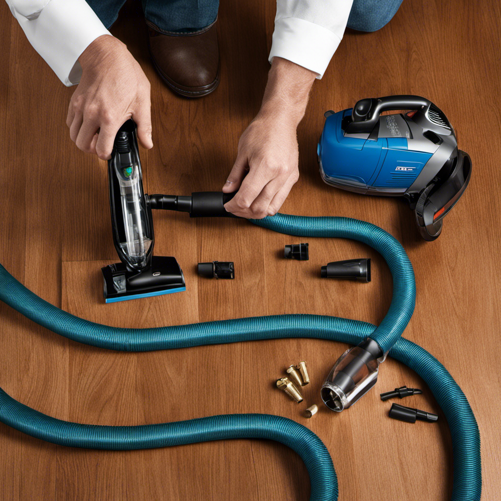 An image capturing the step-by-step process of dismantling a Bissell Pet Hair Eraser Vacuum Hose, showcasing close-ups of removing the hose cap, unscrewing the hose connector, and separating the hose from the vacuum body