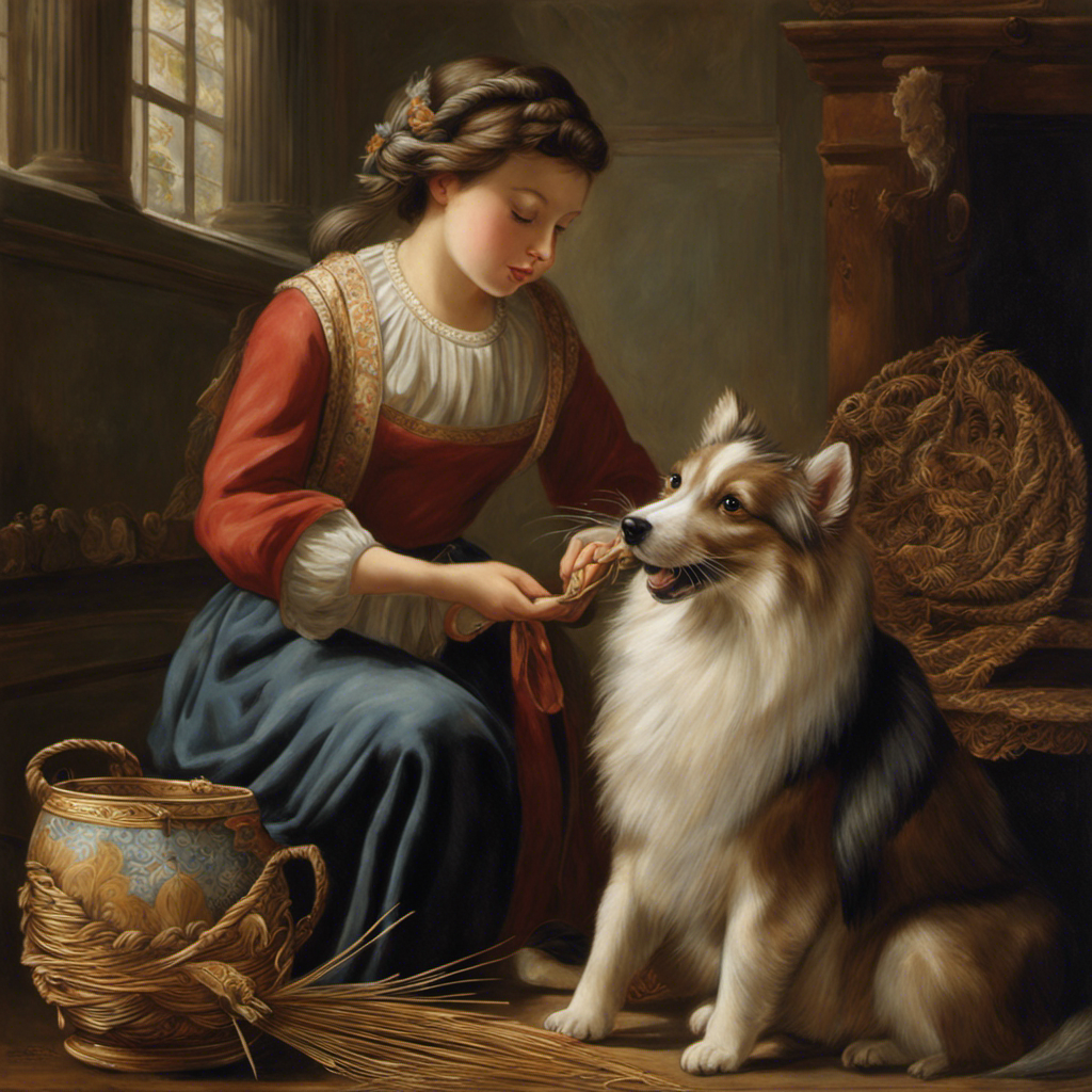 An image depicting a person gently combing through a furry pet's tangled hair with a wide-toothed comb, carefully detangling each strand